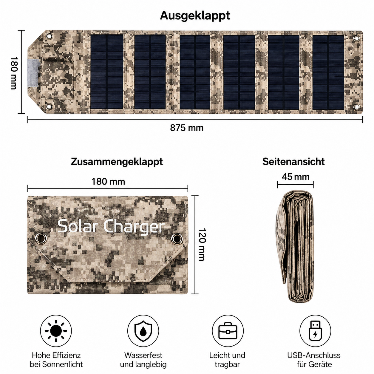 100W faltbares Solarpanel in Camouflage-Ausführung mit Abmessungen, kompaktem Transportmaß und wetterfestem Design.
