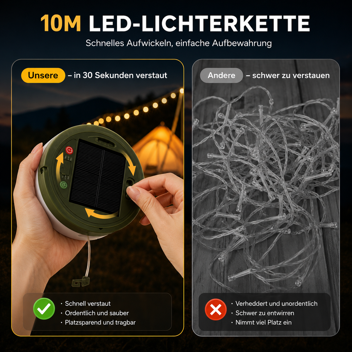 10 Meter LED-Lichterkette mit integrierter Aufwicklung zur einfachen Aufbewahrung
