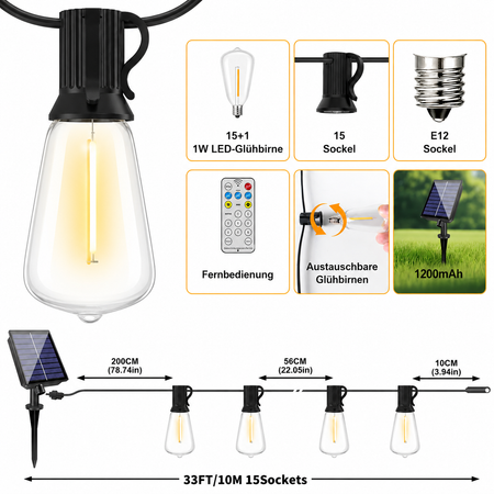 10 m Solar Lichterkette mit 15 austauschbaren E12 Edison-LED-Birnen, Fernbedienung und 1200 mAh Akku.
