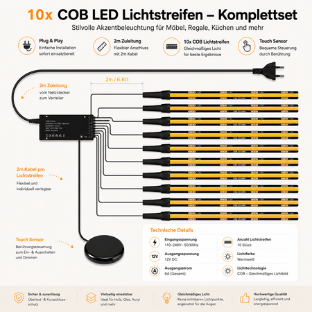 10x COB LED Lichtstreifen Komplettset mit Touch-Sensor, 2 m Anschlusskabel und Netzteil für Akustikpaneele und Möbelbeleuchtung
