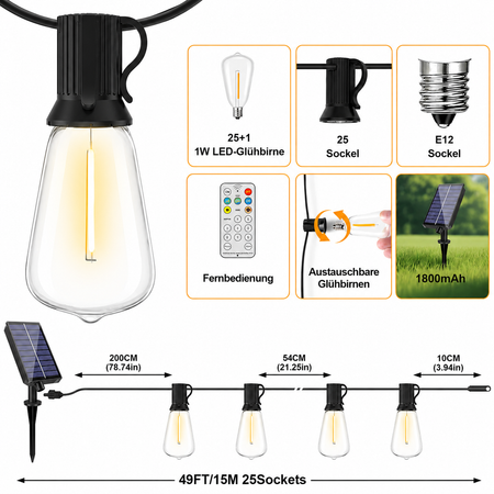 15 m Solar Lichterkette mit 25 austauschbaren E12 Edison-LED-Birnen, Fernbedienung und leistungsstarkem 1800 mAh Akku.
