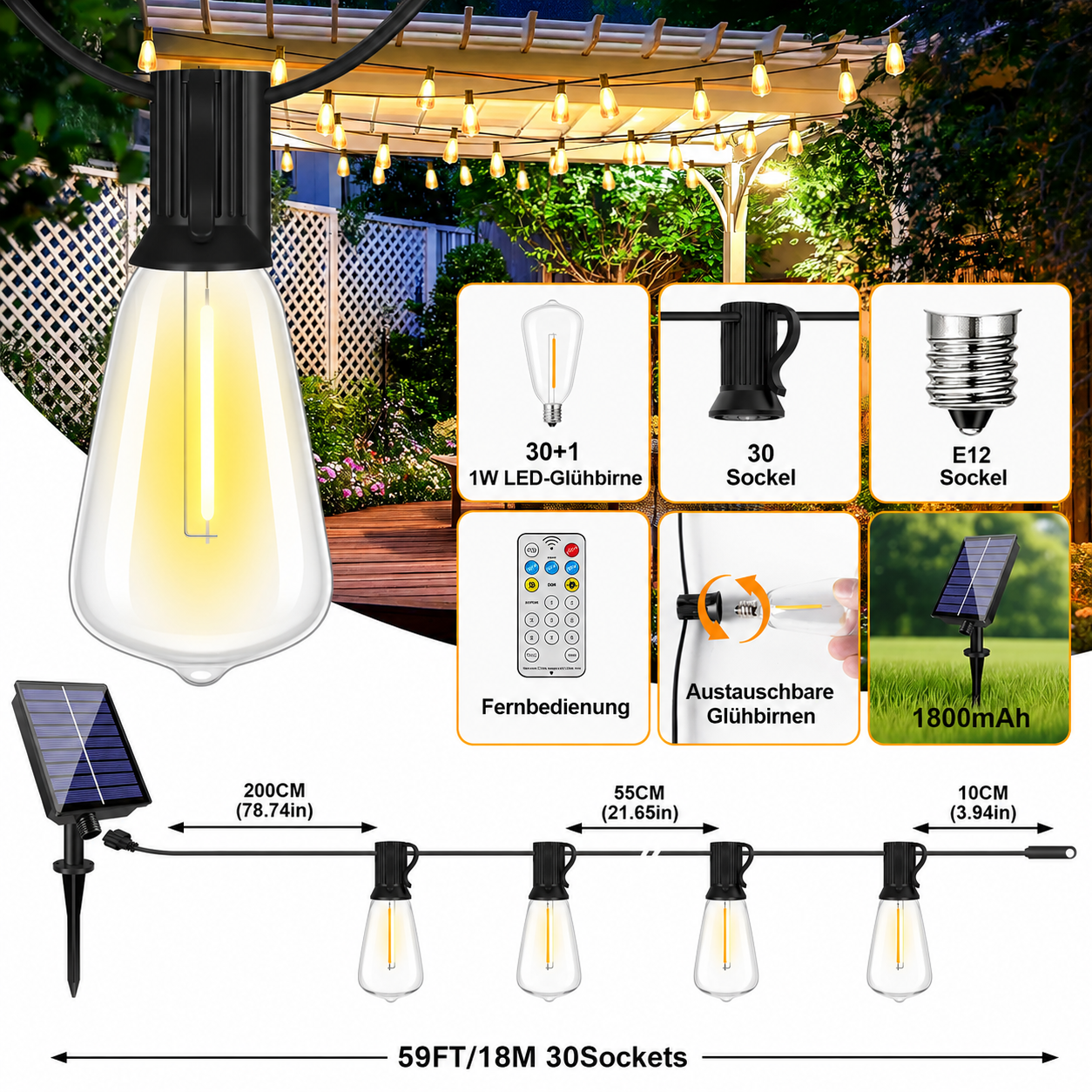 18 m Solar Lichterkette mit 30 austauschbaren E12 Edison-LED-Birnen, Fernbedienung und 1800 mAh Solarpanel.
