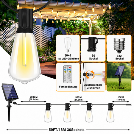 18 m Solar Lichterkette mit 30 austauschbaren E12 Edison-LED-Birnen, Fernbedienung und 1800 mAh Solarpanel.
