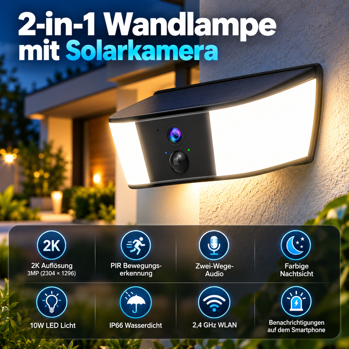 2-in-1 Wandlampe mit Solarkamera: 2K, PIR-Bewegungserkennung, Zwei-Wege-Audio, Farb-Nachtsicht und IP66
