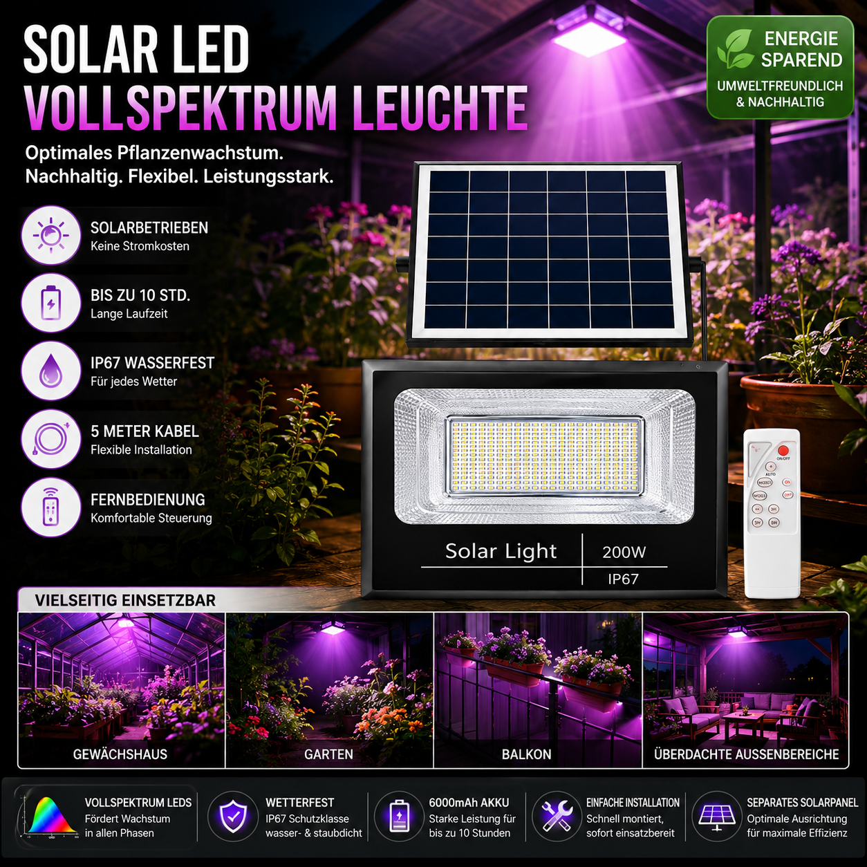 200W Solar LED Pflanzenlampe Vollspektrum für Gewächshaus und Garten