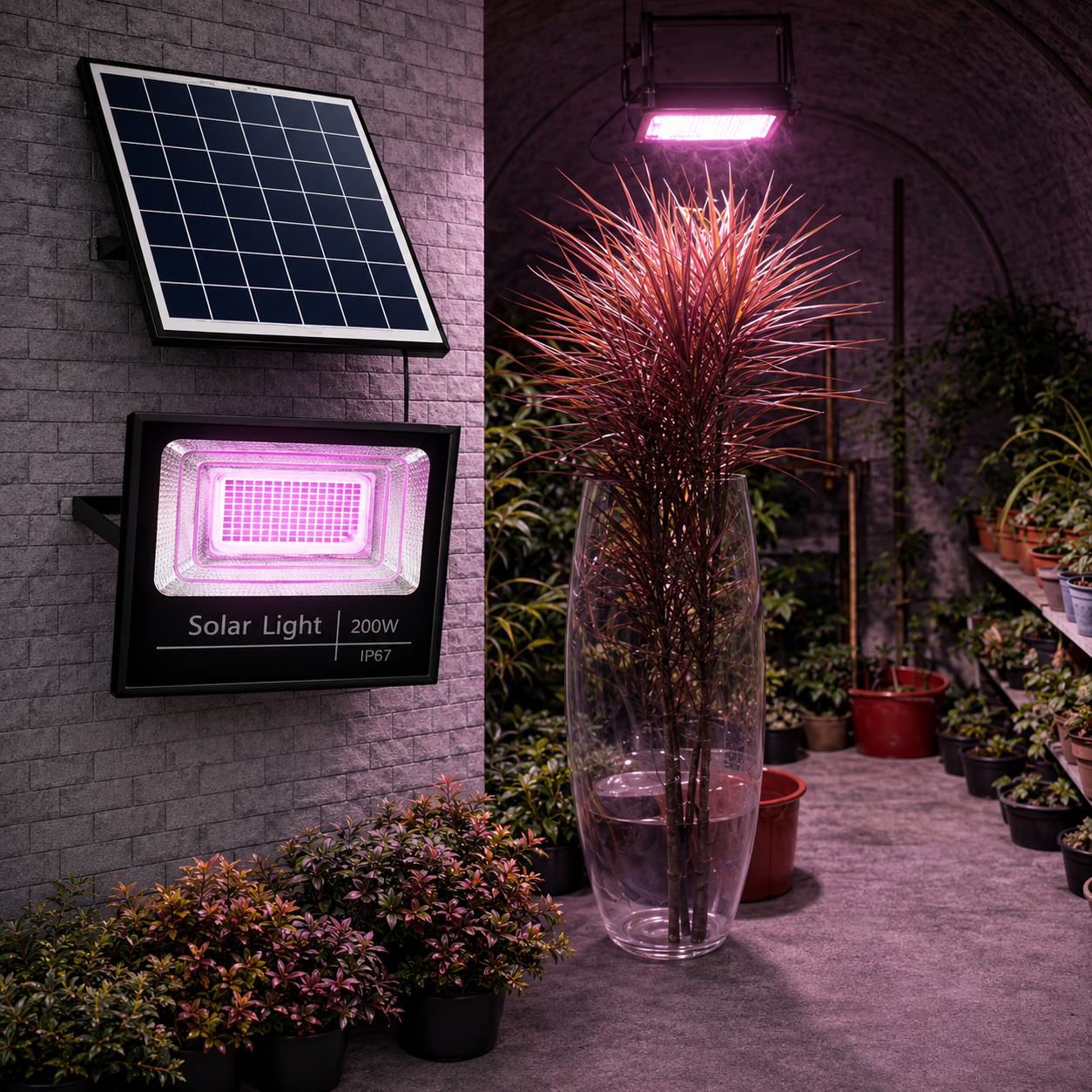 200W Solar Pflanzenlampe Vollspektrum bei Nacht im Außeneinsatz