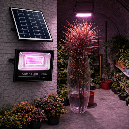 200W Solar Pflanzenlampe Vollspektrum bei Nacht im Außeneinsatz