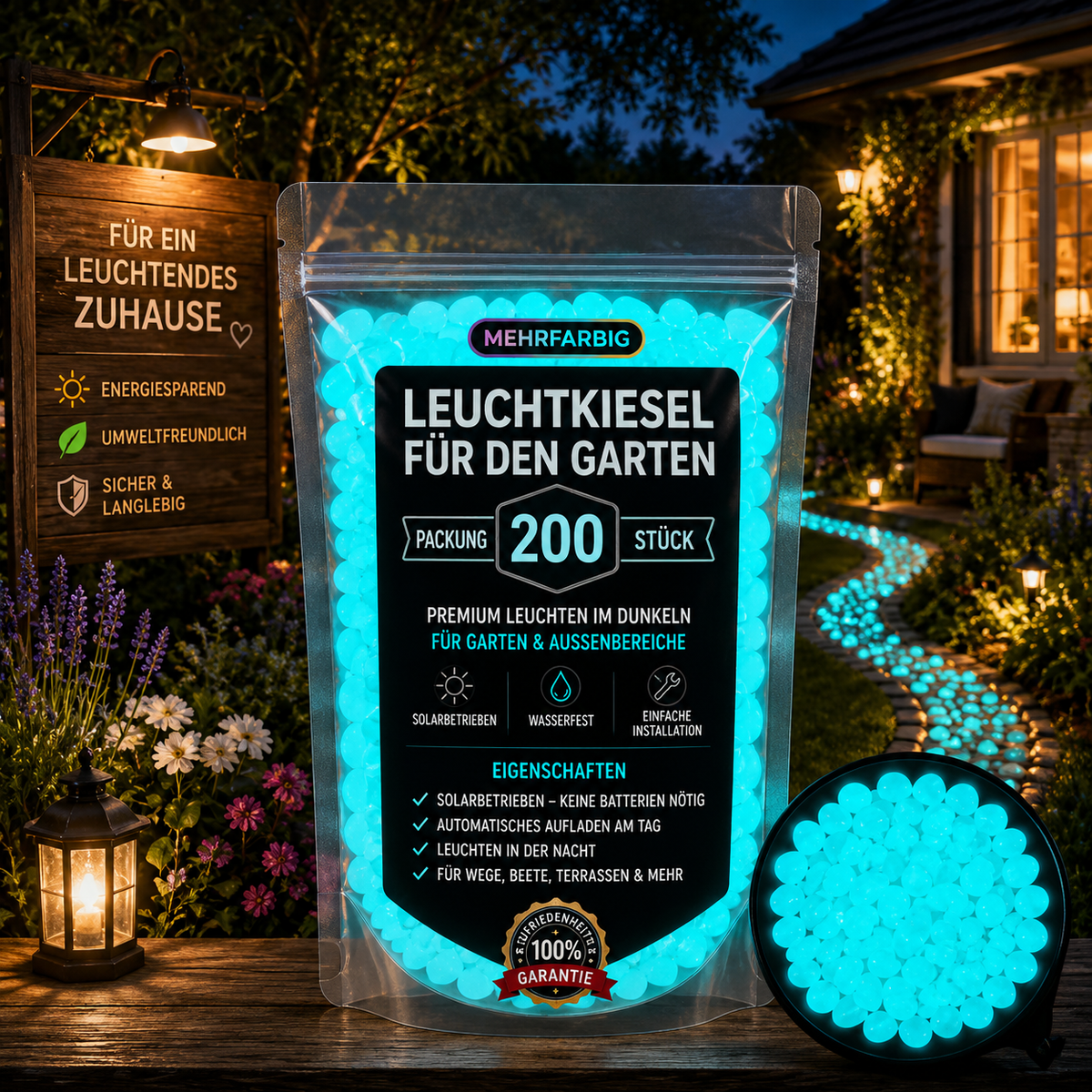200 blaue Leuchtsteine für Garten und Außenbereich – selbstaufladende Solar-Dekosteine für Wege und Beete.