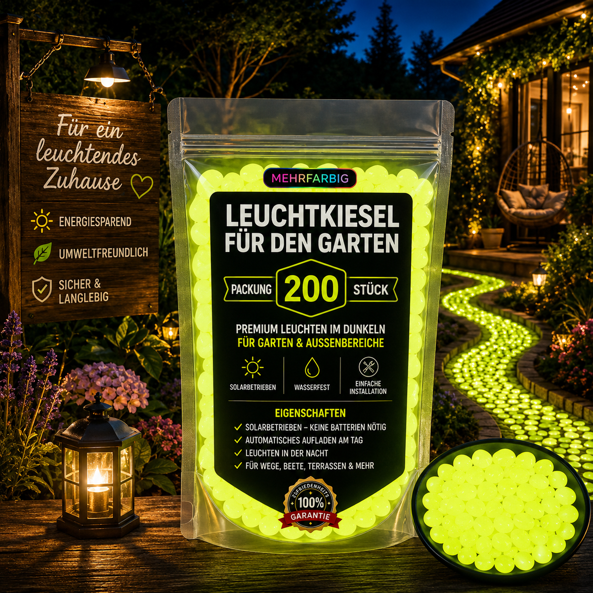 200 gelb leuchtende Solar-Dekosteine für Gartenwege, Beete und Terrassen – wasserdicht und langlebig.
