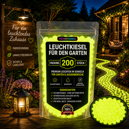 200 gelb leuchtende Solar-Dekosteine für Gartenwege, Beete und Terrassen – wasserdicht und langlebig.
