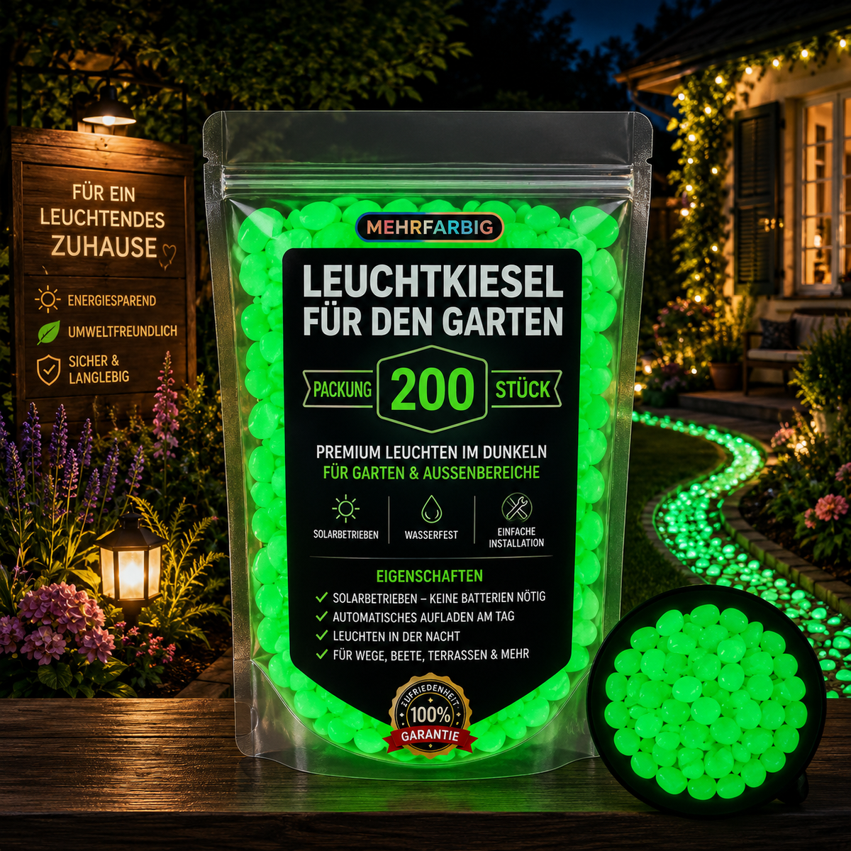 200 grüne Leuchtkiesel für den Garten – solarbetrieben, wasserdicht und leuchten automatisch bei Dunkelheit.