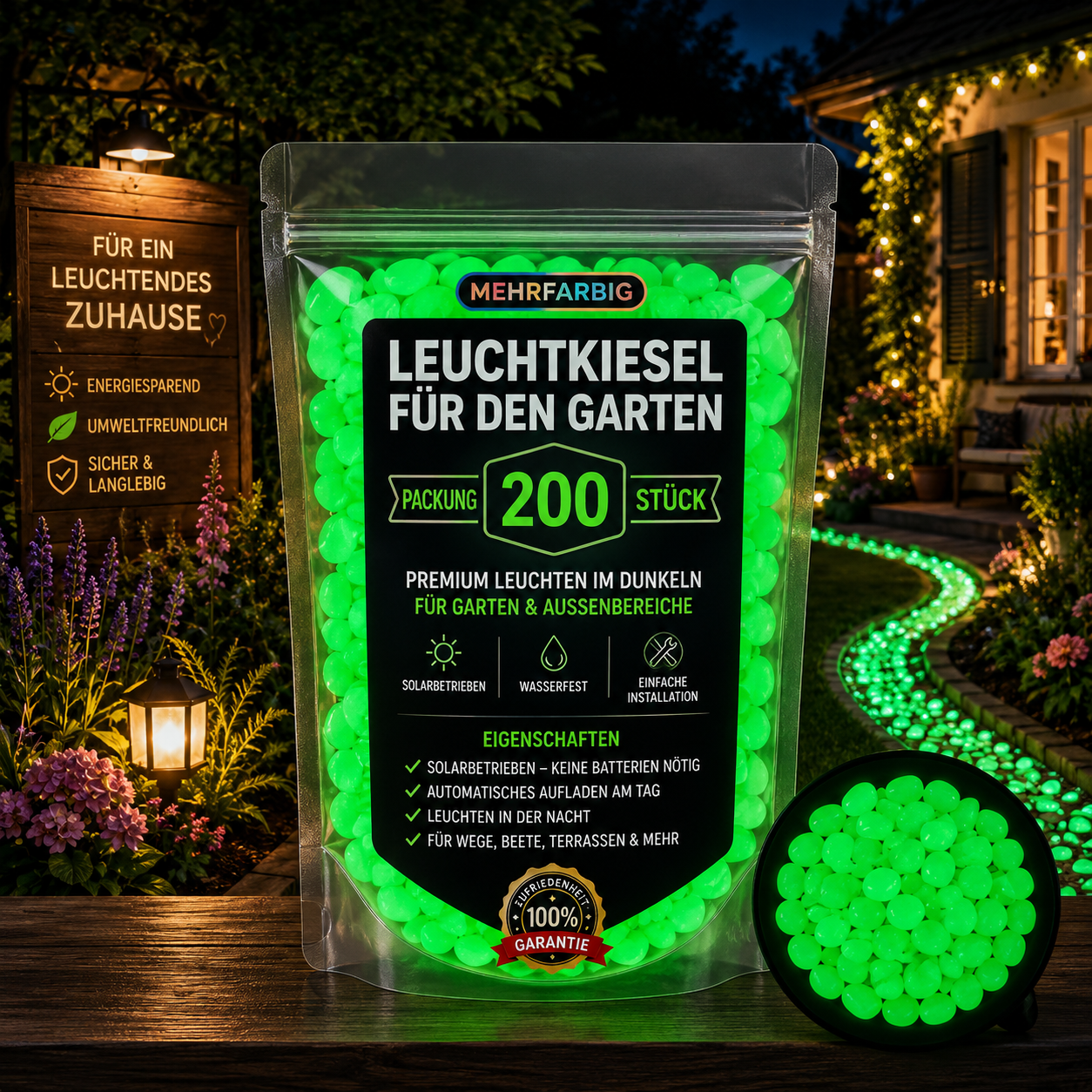 200 grüne Leuchtkiesel für den Garten – solarbetrieben, wasserdicht und leuchten automatisch bei Dunkelheit.