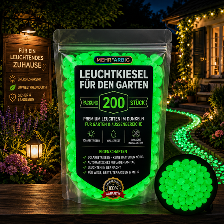 200 grüne Leuchtkiesel für den Garten – solarbetrieben, wasserdicht und leuchten automatisch bei Dunkelheit.