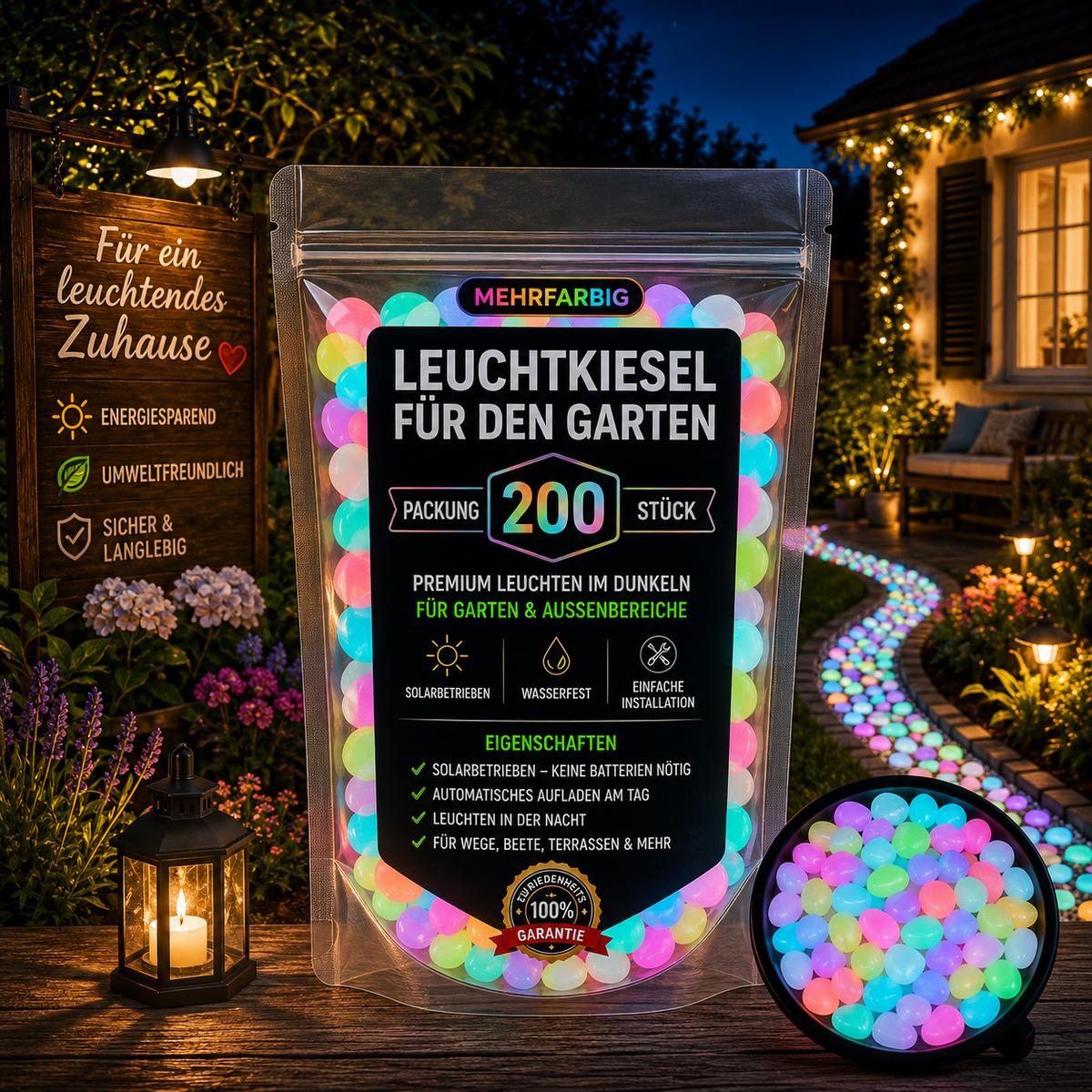 200 mehrfarbige Leuchtkiesel für Garten und Terrasse – bunte Solar-Dekosteine für stimmungsvolle Beleuchtung im Außenbereich.
