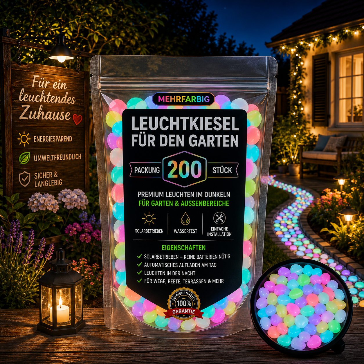 200 mehrfarbige Leuchtkiesel für Garten und Terrasse – bunte Solar-Dekosteine für stimmungsvolle Beleuchtung im Außenbereich.