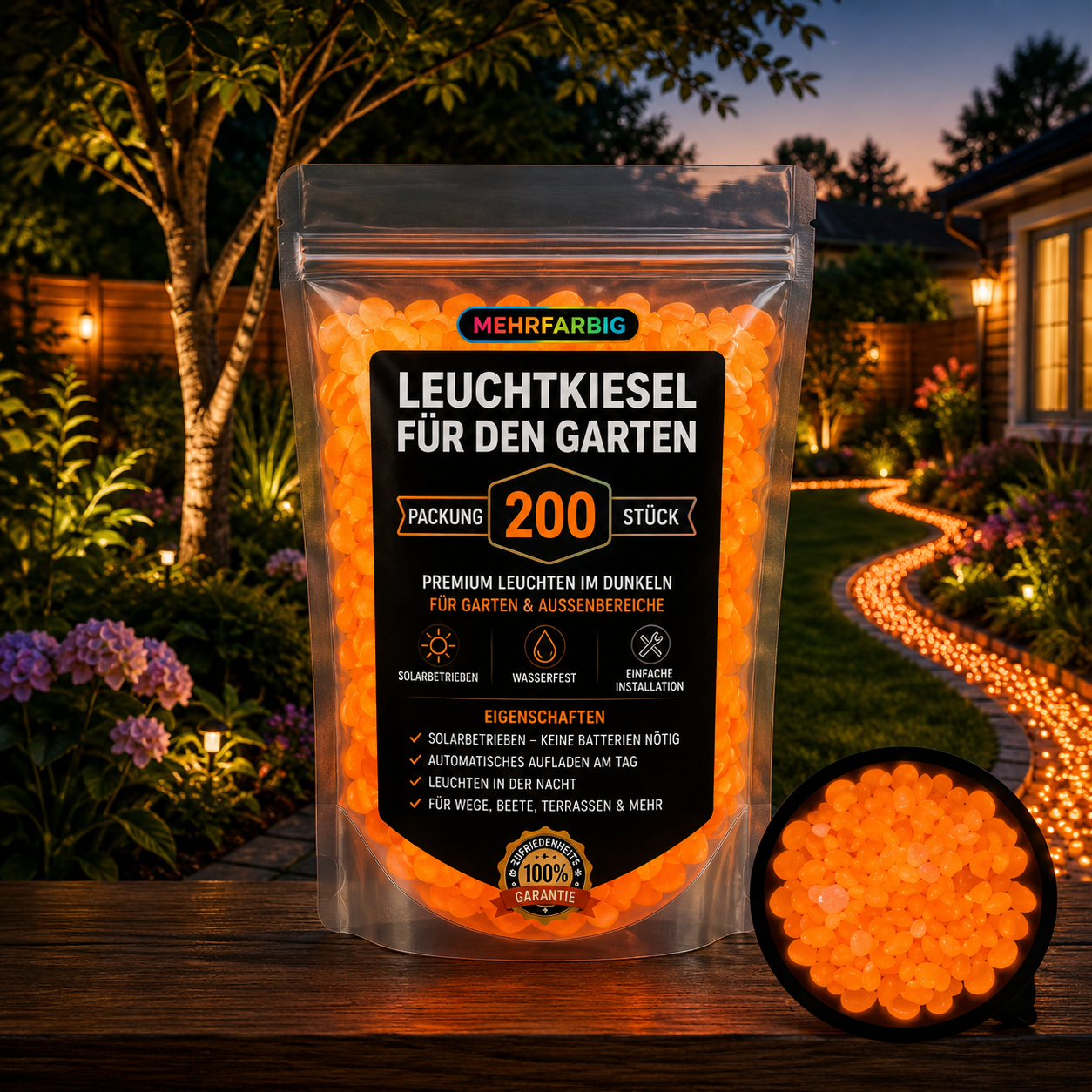 200 orange leuchtende Solar-Dekosteine für Garten, Beete, Wege und Terrassen – wasserdicht und selbstaufladend.