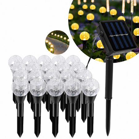 20er Solar-Gartenlichterkette mit separatem Solarpanel, warmweißen LED-Kugellampen, wetterfesten Erdspießen und automatischer Dämmerungsfunktion für Garten und Wege.
