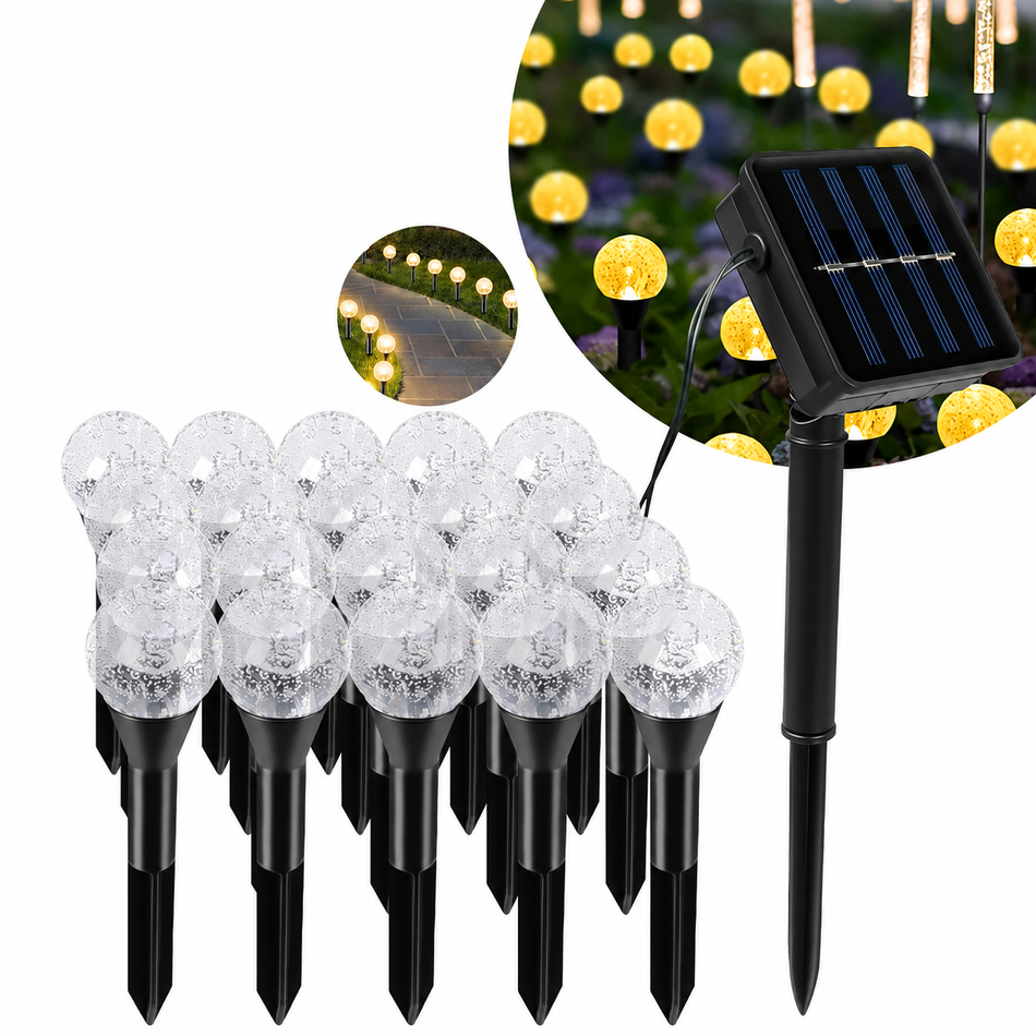 20er Solar-Gartenlichterkette mit separatem Solarpanel, warmweißen LED-Kugellampen, wetterfesten Erdspießen und automatischer Dämmerungsfunktion für Garten und Wege.

