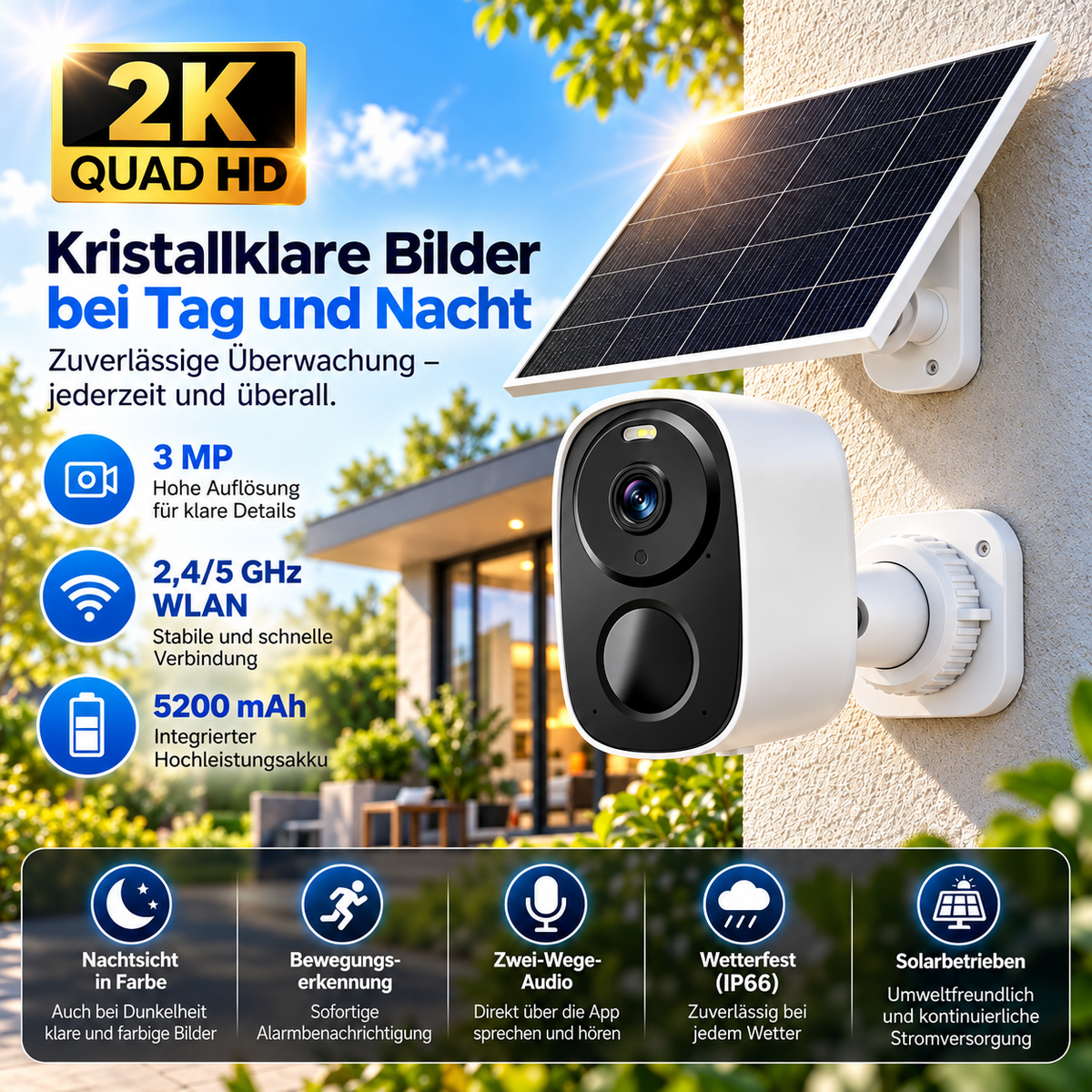 Solar Überwachungskamera 2K Quad HD mit 3 MP, Dual-Band WLAN, 5200 mAh Akku und IP66