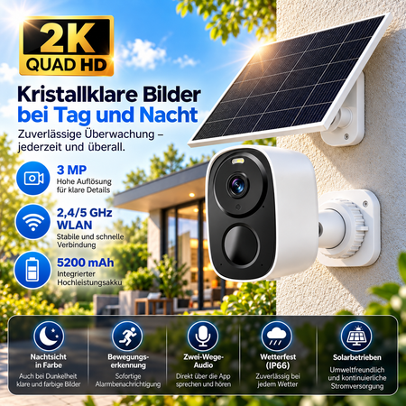 Solar Überwachungskamera 2K Quad HD mit 3 MP, Dual-Band WLAN, 5200 mAh Akku und IP66