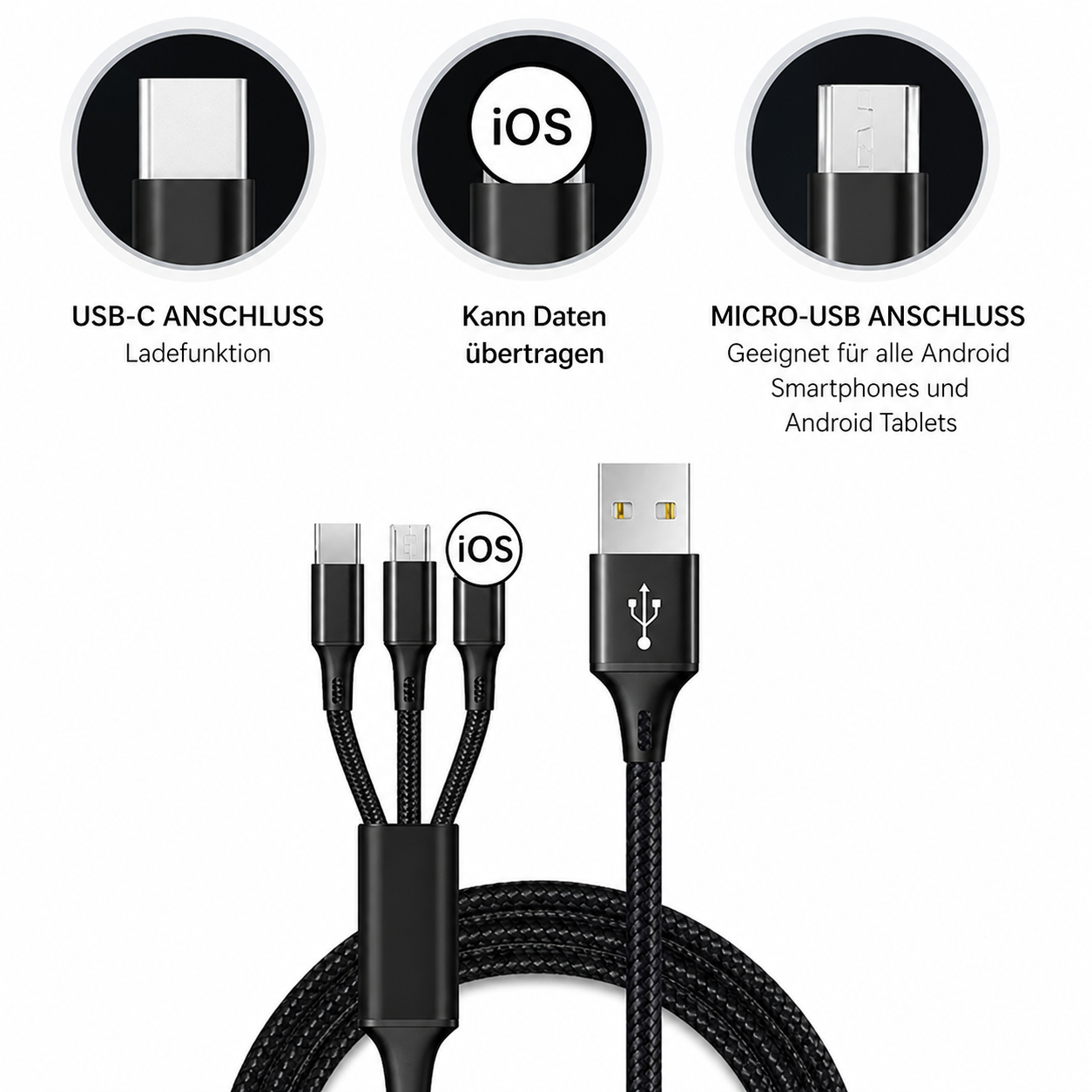 3-in-1 Ladekabel mit USB-A, USB-C, Micro-USB und Lightning-Anschluss für Smartphones, Tablets und weitere Geräte.

