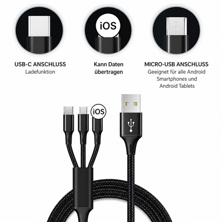 3-in-1 Ladekabel mit USB-A, USB-C, Micro-USB und Lightning-Anschluss für Smartphones, Tablets und weitere Geräte.
