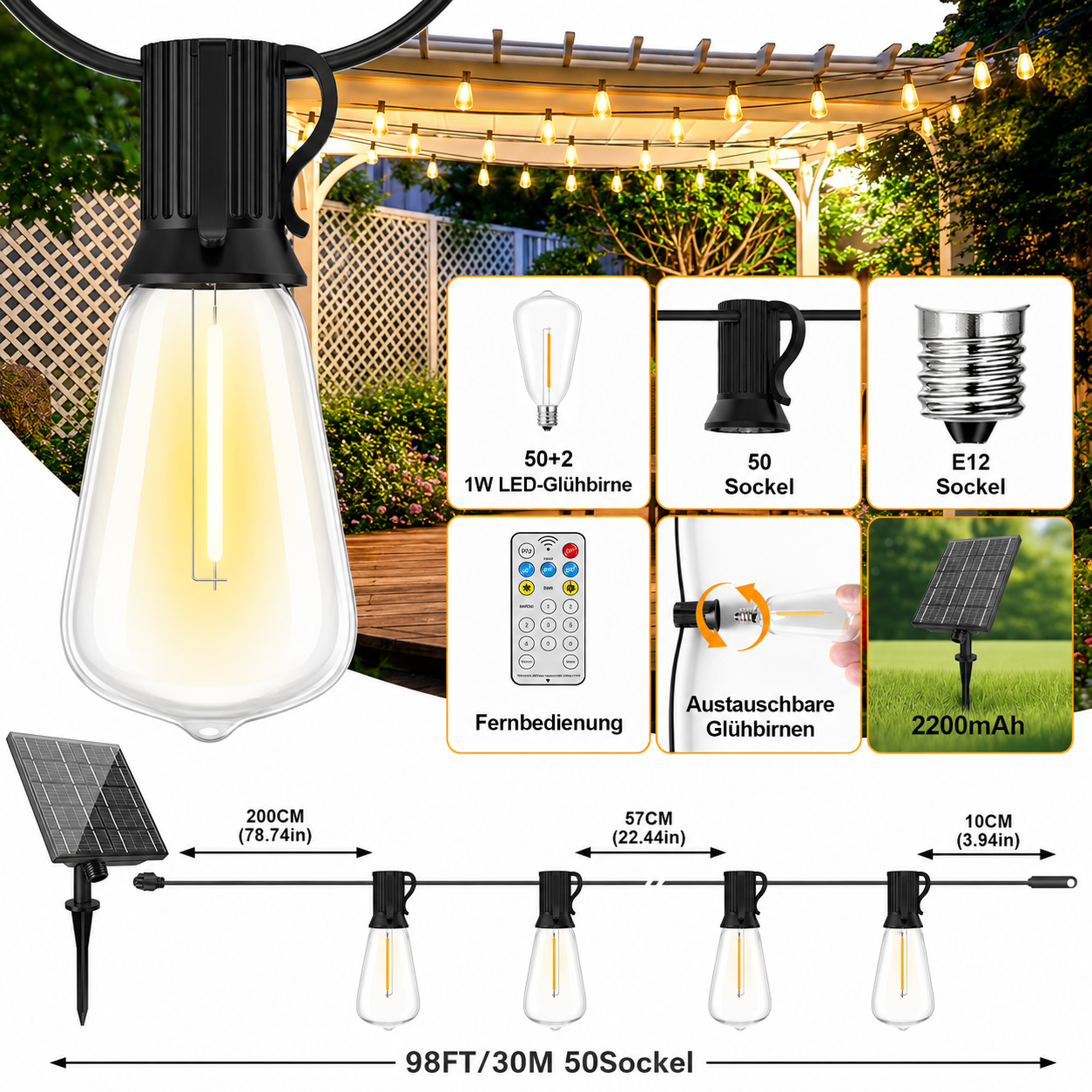 30 m Solar Lichterkette mit 50 austauschbaren E12 Edison-LED-Birnen, Fernbedienung und 2200 mAh Solarpanel für große Außenbereiche.
