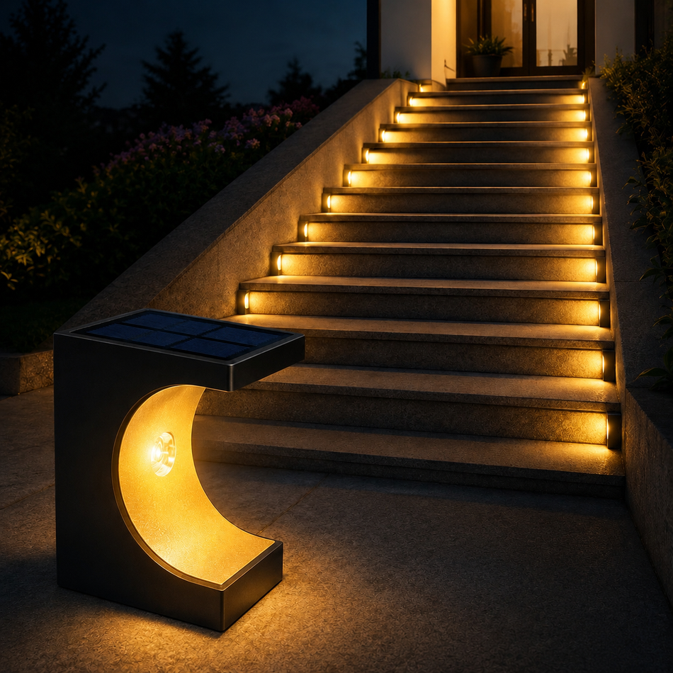 Solar Stufenleuchte im Halbmond-Design, IP65, warmweiß oder kaltweiß