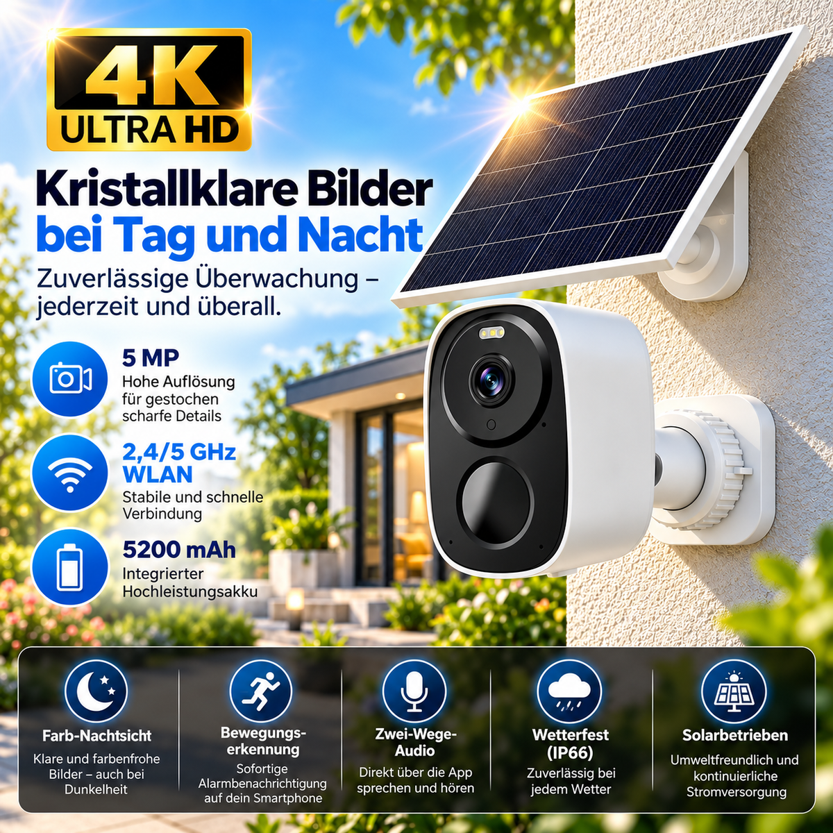 Solar Überwachungskamera 3K mit 5 MP, Dual-Band WLAN, 5200 mAh Akku und IP66