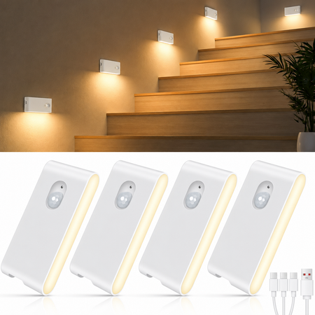 4er Set LED Nachtlichter mit Bewegungsmelder, USB-C Akku und warmweißem Licht für Treppen und Flure
