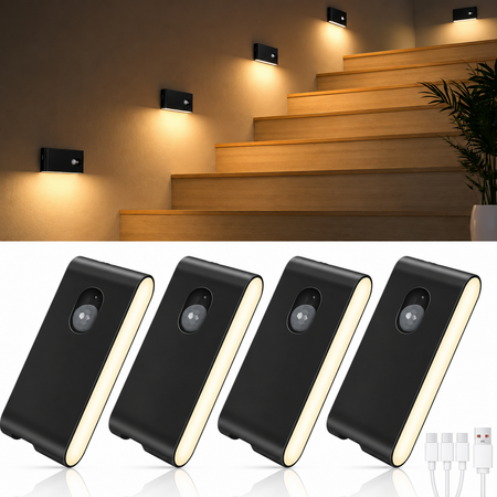 4er Set LED Nachtlichter mit Bewegungsmelder und USB-C-Ladekabel
