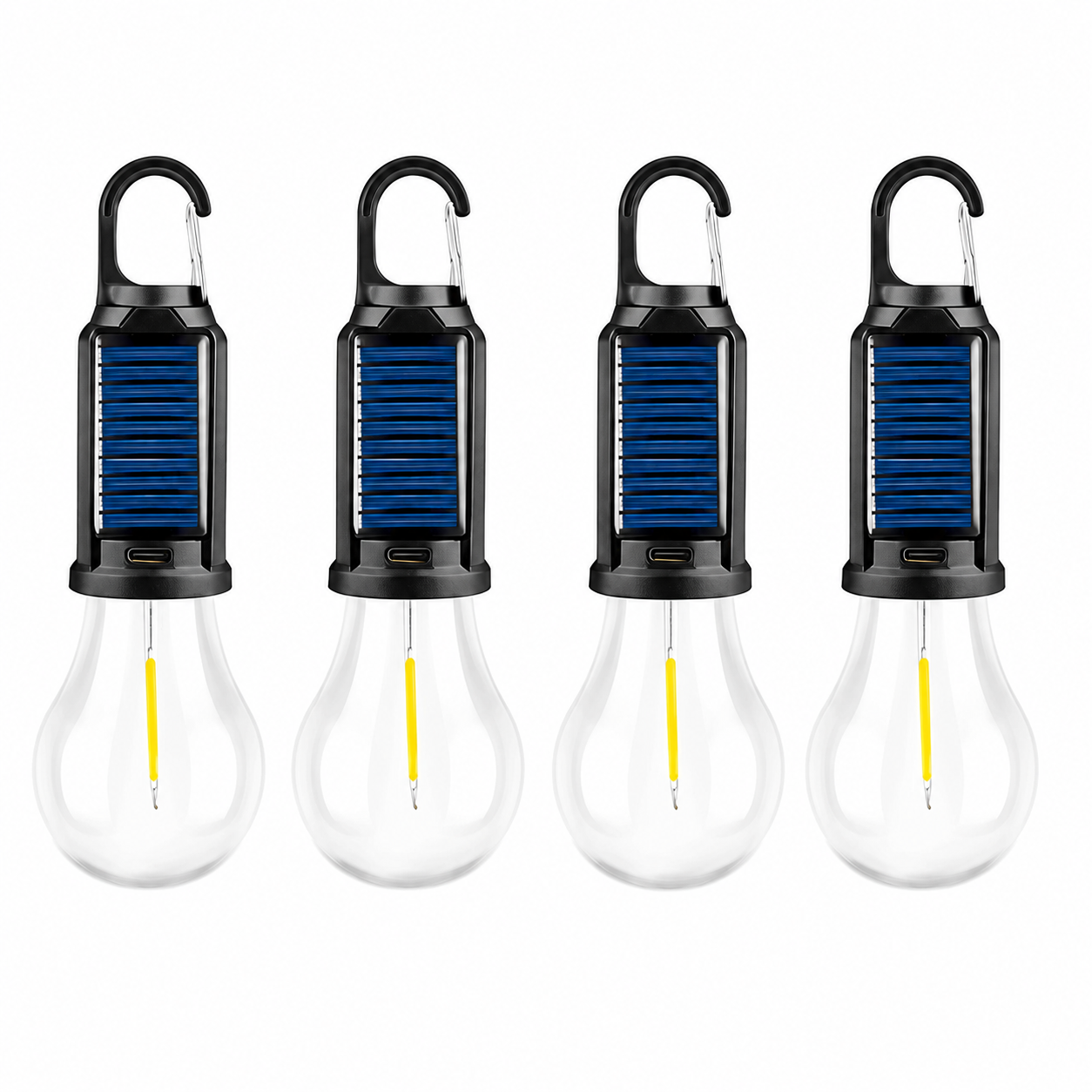 4er Set Solar LED Hängelampen mit Solarpanel und Karabinerhaken – wiederaufladbare Outdoor-Leuchten für Camping, Garten und Terrasse.
