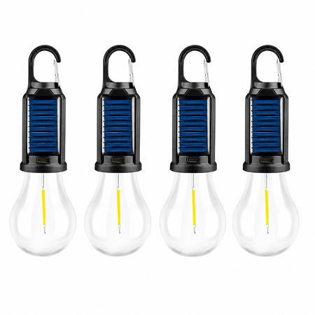 4er Set Solar LED Hängelampen mit Solarpanel und Karabinerhaken – wiederaufladbare Outdoor-Leuchten für Camping, Garten und Terrasse.

