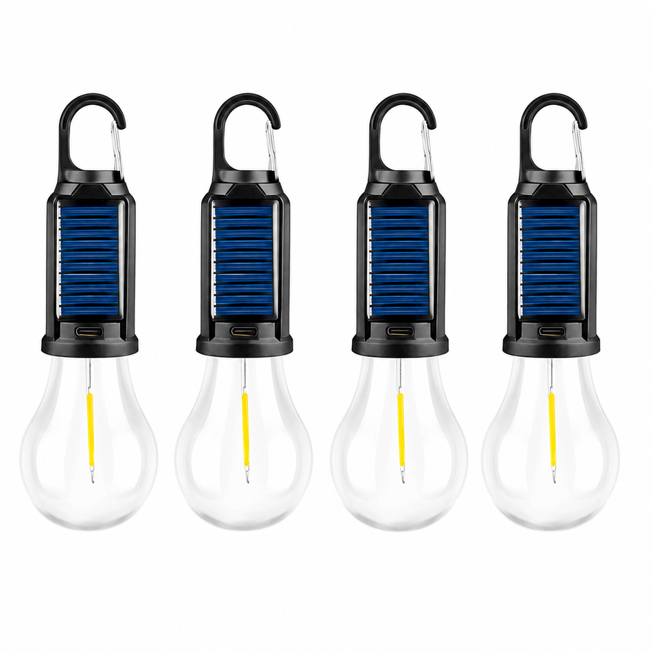 4er Set Solar LED Hängelampen mit Solarpanel und Karabinerhaken – wiederaufladbare Outdoor-Leuchten für Camping, Garten und Terrasse.
