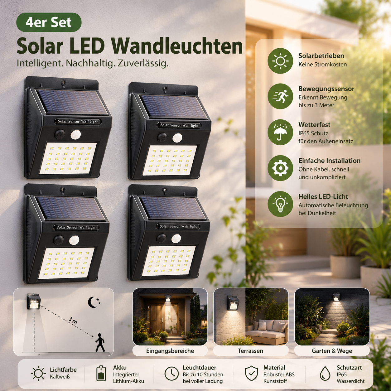 4er Set Solar LED Wandleuchten mit Bewegungsmelder
