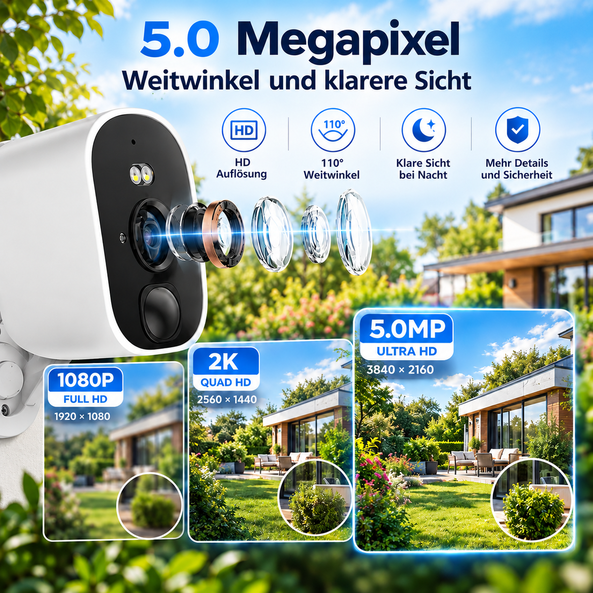 5 MP Solar Überwachungskamera mit 110° Weitwinkel, Bildqualität im Vergleich zu 1080p und 2K