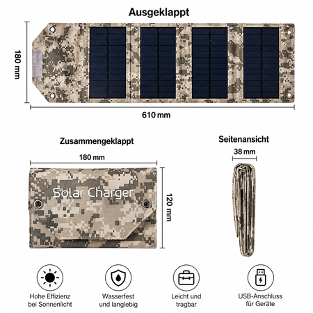 60W faltbares Solarpanel in Camouflage-Optik mit kompaktem Packmaß und technischen Abmessungen.

