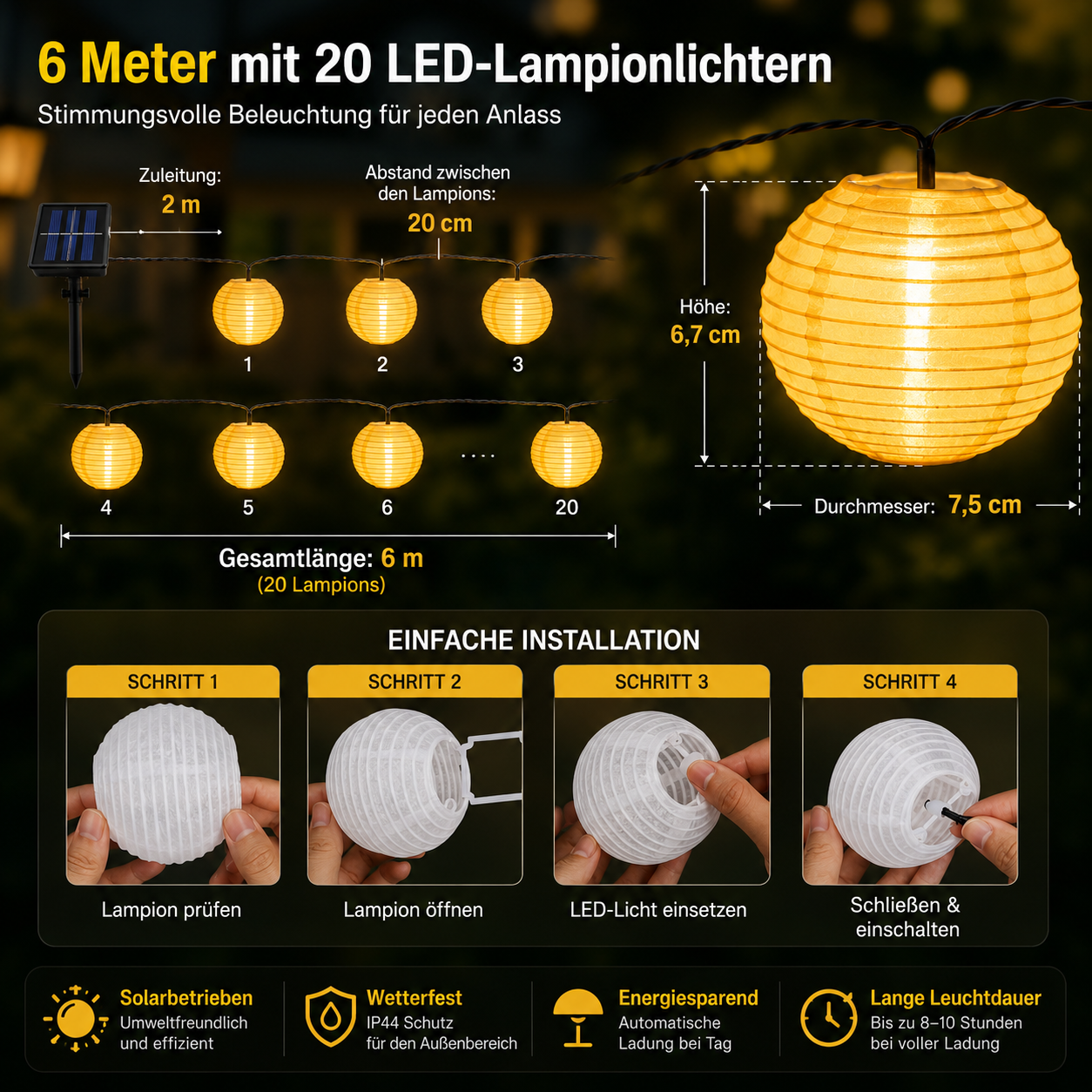 6 Meter Solar-Lichterkette mit 20 warmweißen LED-Lampions
