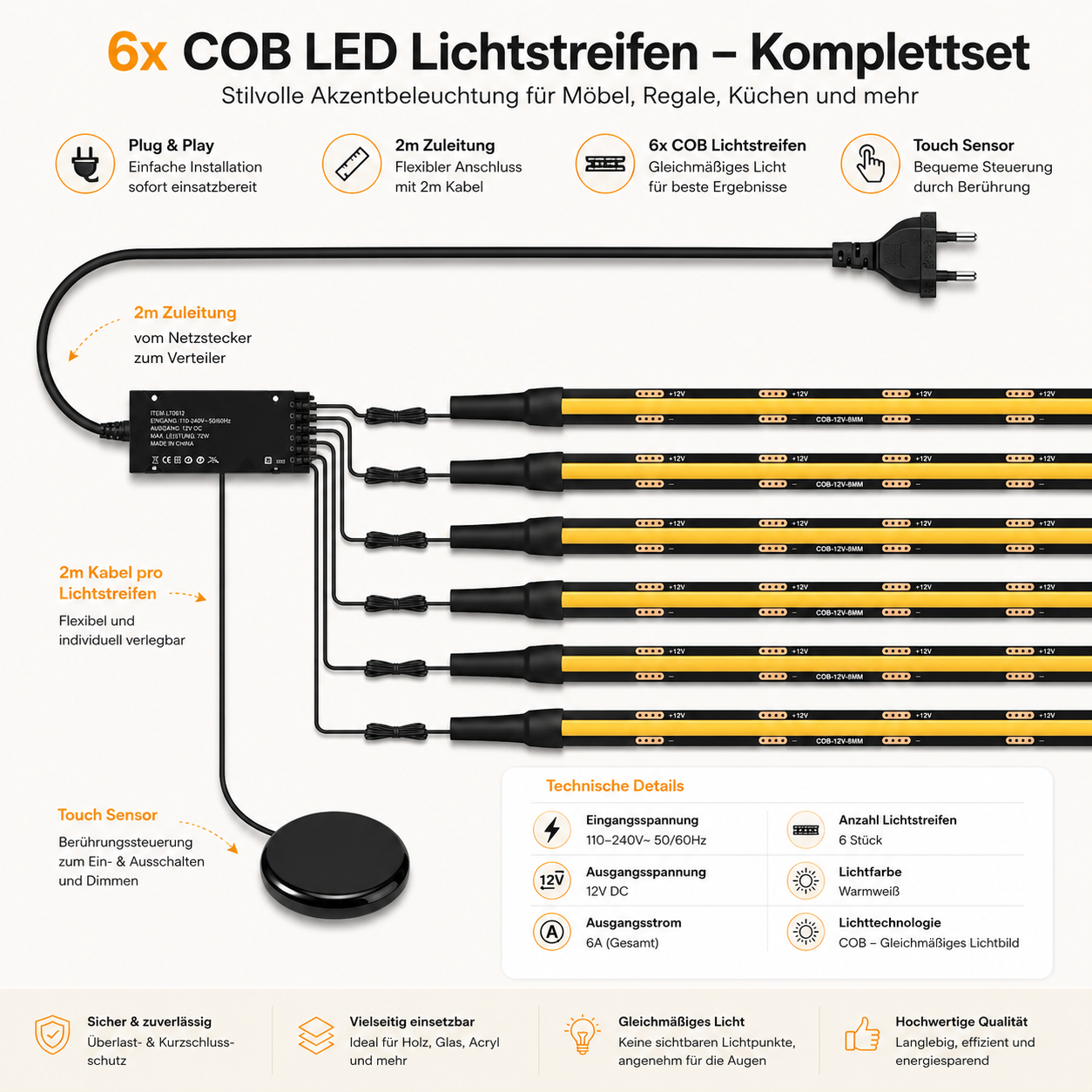 6x COB LED Lichtstreifen Komplettset mit Touch-Sensor und Netzteil für Möbel, Küche und Akustikpaneele
