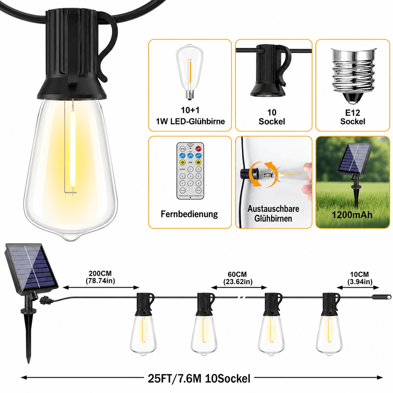 7,6 m Solar Lichterkette mit 10 austauschbaren E12 Edison-LED-Birnen, Fernbedienung und 1200 mAh Solarpanel.
