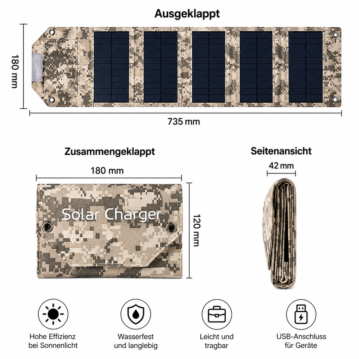 80W faltbares Solarpanel in Camouflage-Design mit Größenangaben und platzsparender Faltfunktion.
