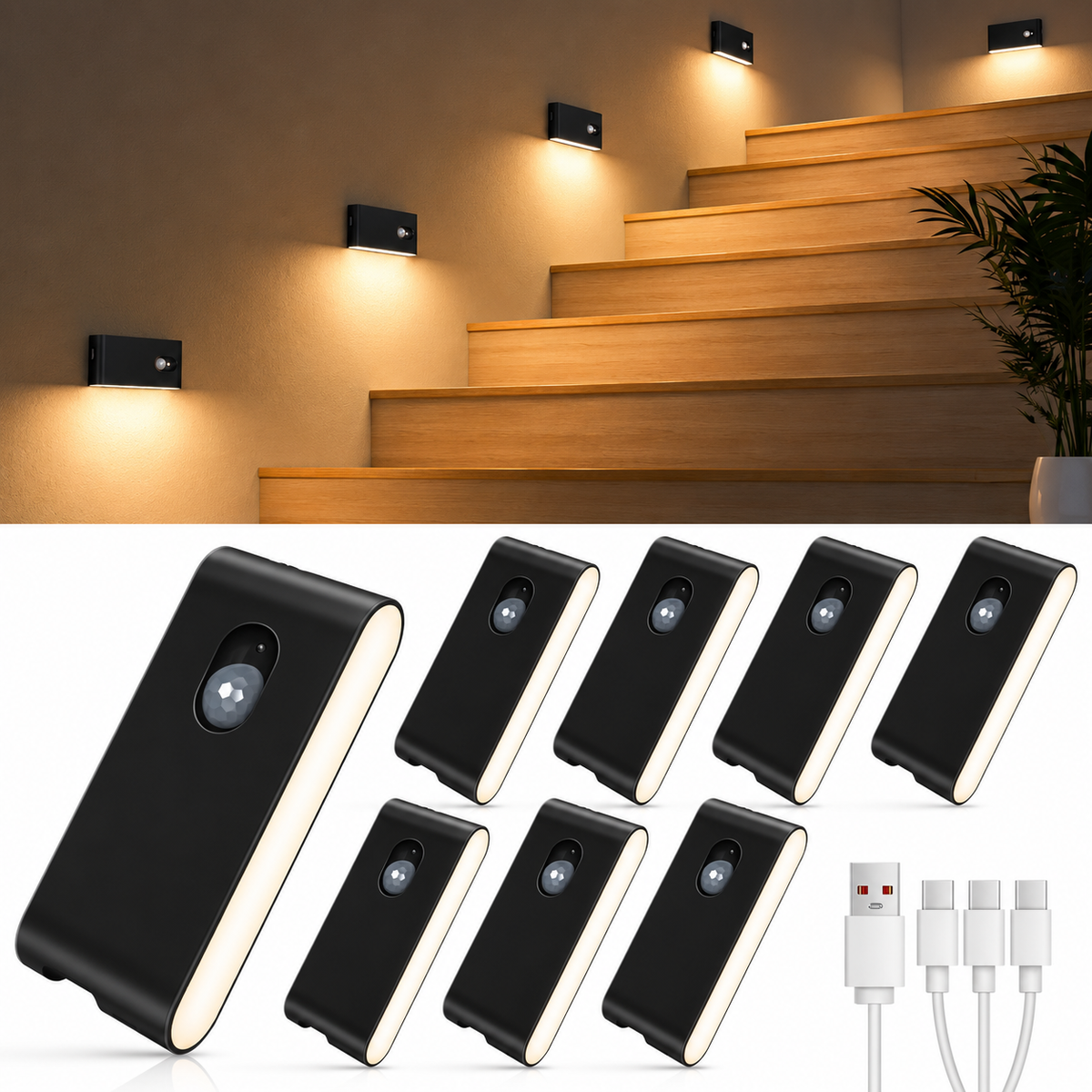 8er Set LED Nachtlichter mit Bewegungsmelder und wiederaufladbarem Akku
