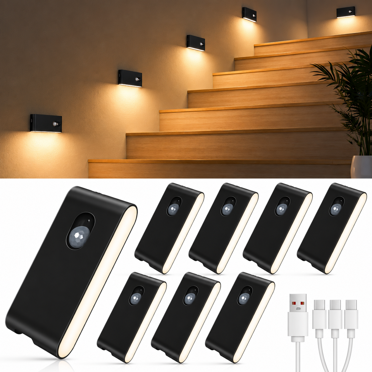 8er Set LED Nachtlichter mit Bewegungsmelder und wiederaufladbarem Akku
