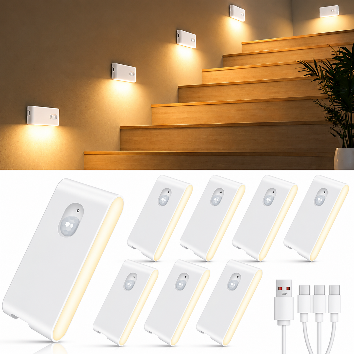 8er Set LED Nachtlichter mit Bewegungsmelder, wiederaufladbarem Akku und USB-C Ladekabel für Treppen und Flure
