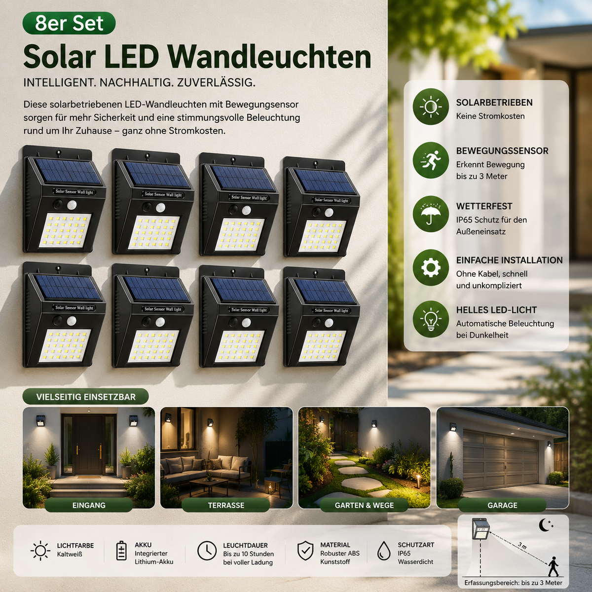 8er Set Solar LED Wandleuchten für Außen
