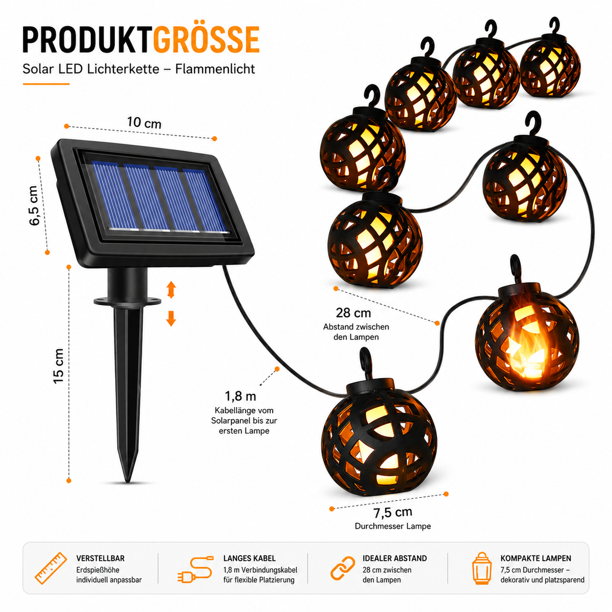 Abmessungen der Solar LED Flammen-Lichterkette mit Solarpanel, Lampendurchmesser, Kabelabstand und Gesamtlänge.