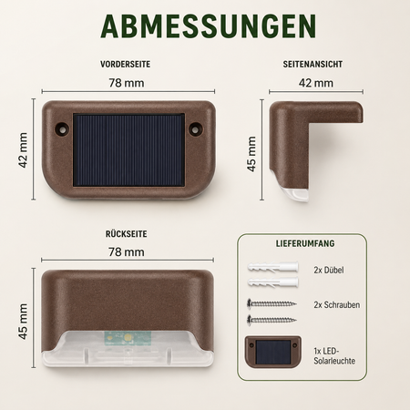 Abmessungen der Solar Zaunleuchte mit Lieferumfang und Montagematerial.
