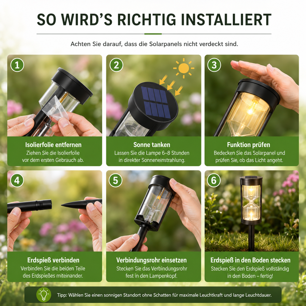 Anleitung zur Installation der Solar-Gartenleuchte
