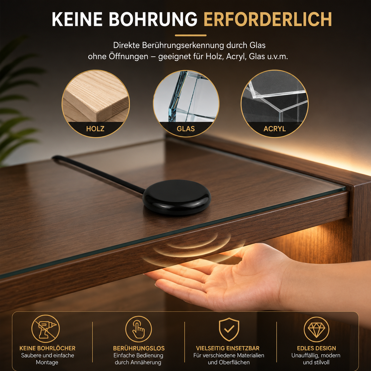 Berührungsloser Touch-Sensor für COB LED Lichtstreifen – Montage hinter Holz, Glas oder Acryl ohne Bohren
