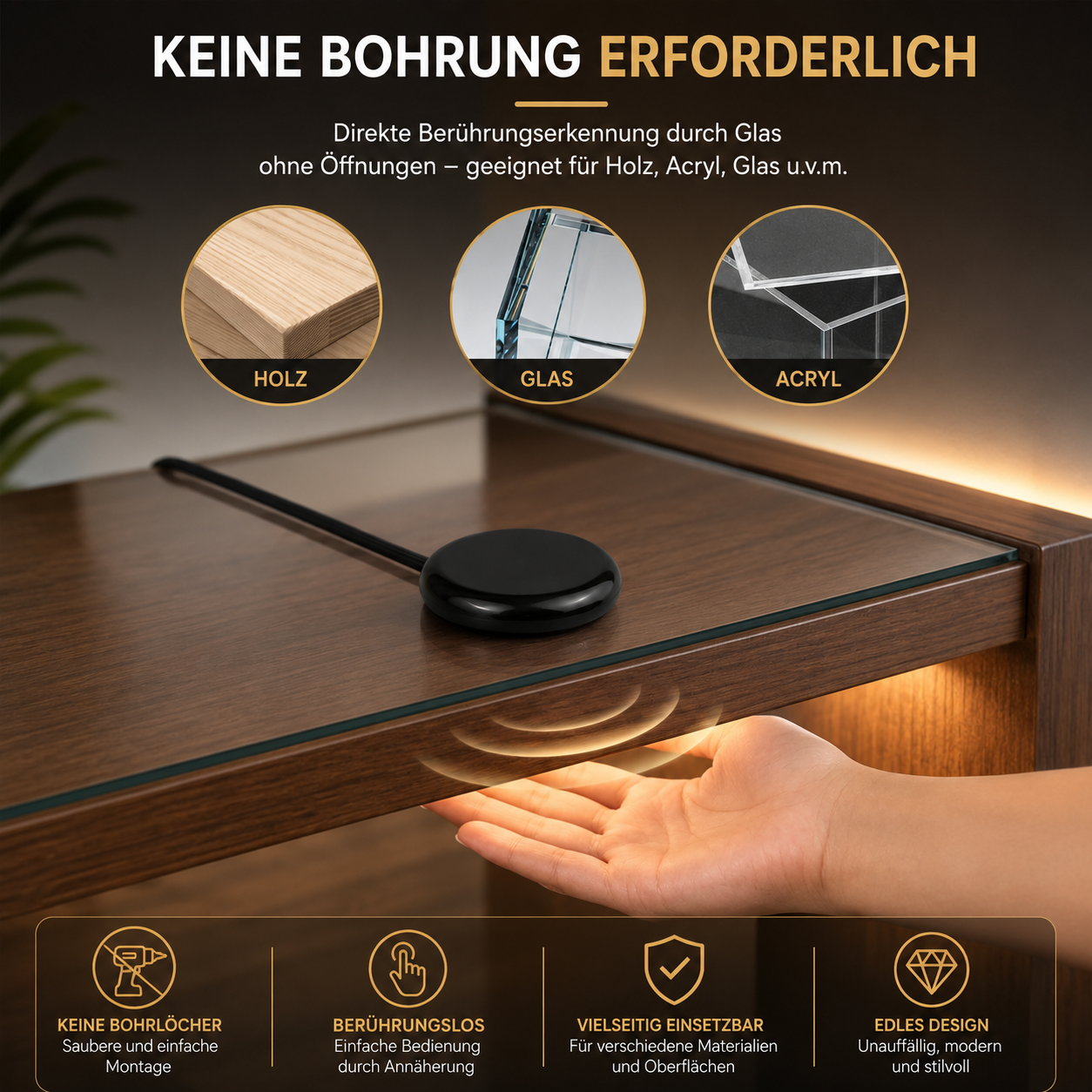 Berührungsloser Touch-Sensor für COB LED Lichtstreifen – Montage hinter Holz, Glas oder Acryl ohne Bohren
